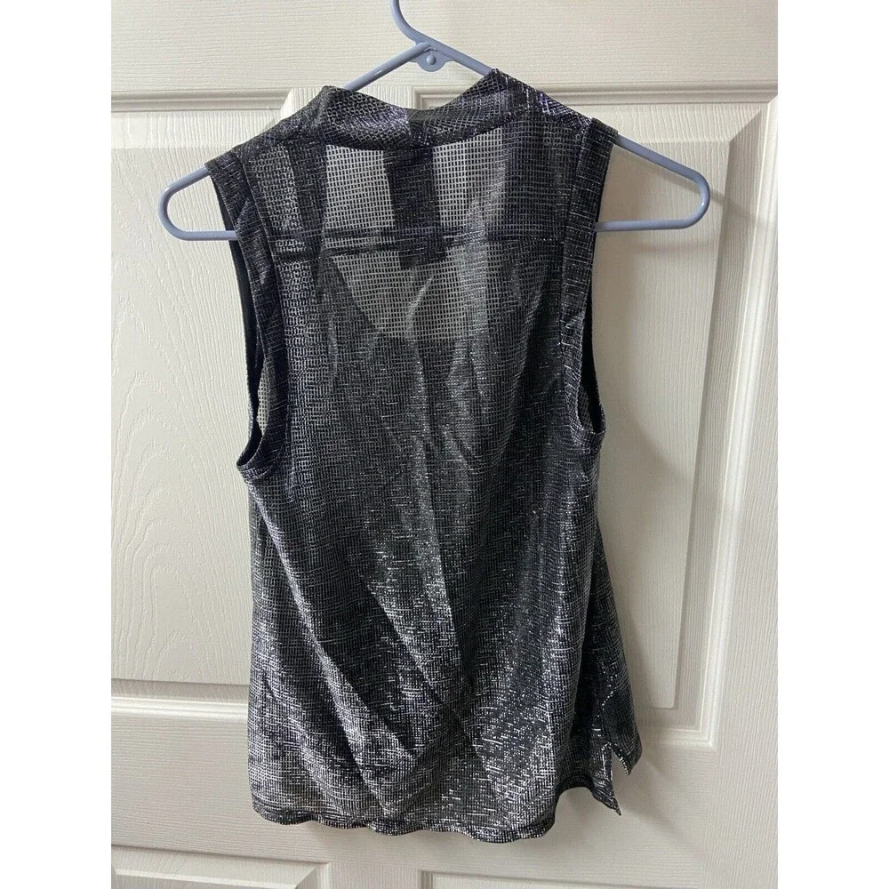 Heather Metallic Tank Womens Small Medium Silver Black Sleeveless Semi Sheer